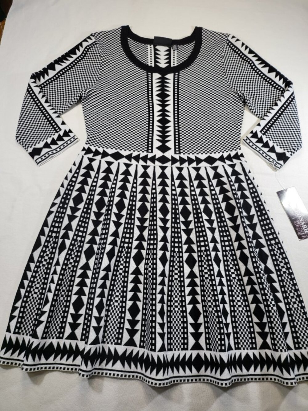 NWT Nina Leonard Women’s Black & White Geometric Knit Dress Size L